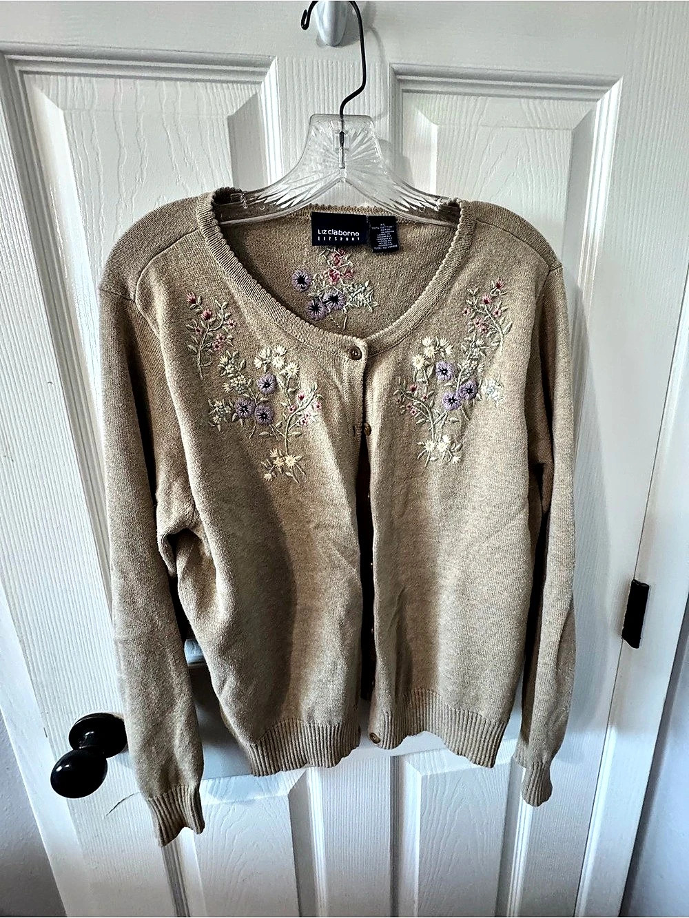 Liz Claiborne Sport Floral Embroidered Cardigan Brown XL